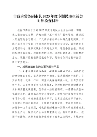 市政府常务副市长2025年度专题民主生活会对照检查材料20260204