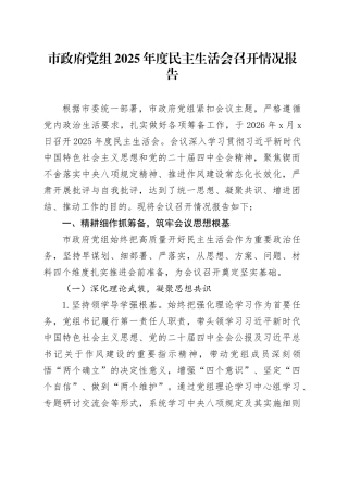 市政府党组2025年度民主生活会召开情况报告20260204