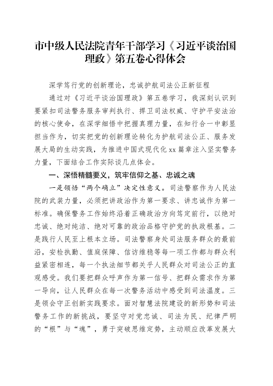 市中级人民法院青年干部学习《习近平谈治国理政》第五卷心得体会_第1页
