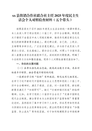 县供销合作社联合社主任2025年度民主生活会个人对照检查材料（五个带头）20260121