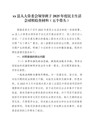 县人大常委会领导班子2025年度民主生活会对照检查材料（五个带头）20260130