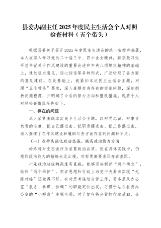 县委办副主任2025年度民主生活会个人对照检查材料（五个带头）20260128