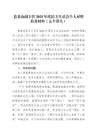 县委办副主任2025年度民主生活会个人对照检查材料（五个带头）20260130