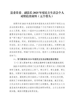 县委常委、副县长2025年度民主生活会个人对照检查材料（五个带头）20260204
