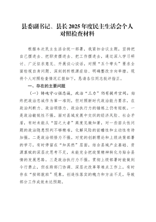 县委副书记、县长2025年度民主生活会个人对照检查材料20260128