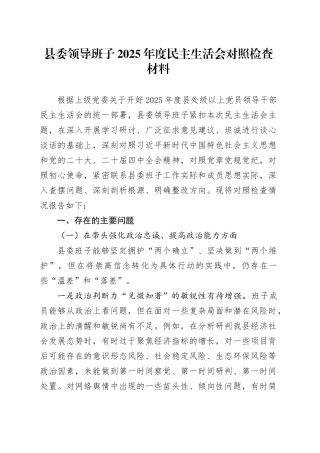 县委领导班子2025年度民主生活会对照检查材料20260121