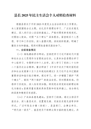 县长2025年民主生活会个人对照检查材料20260121