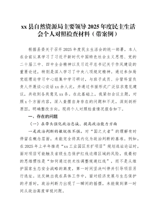 县自然资源局主要领导2025年度民主生活会个人对照检查材料（带案例）20260116