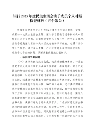银行2025年度民主生活会班子成员个人对照检查材料（五个带头）20260106