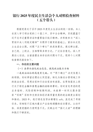 银行2025年度民主生活会个人对照检查材料（五个带头）20260204