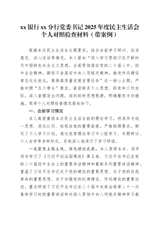 银行XX分行党委书记2025年度民主生活会个人对照检查材料（带案例）20260123