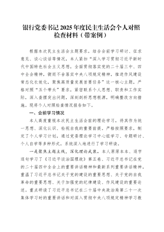 银行党委书记2025年度民主生活会个人对照检查材料（带案例）20260128
