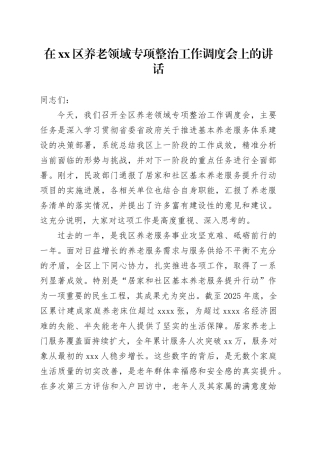 在区养老领域专项整治工作调度会上的讲话