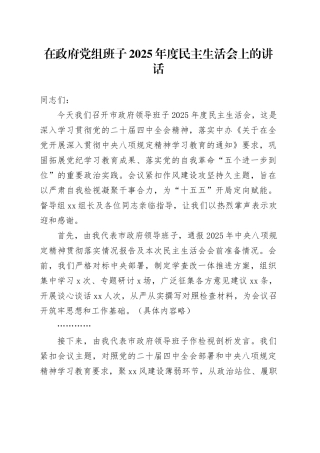 在政府党组班子2025年度民主生活会上的讲话20260128