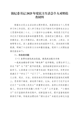 镇纪委书记2025年度民主生活会个人对照检查材料20260121