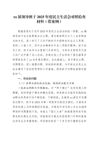 镇领导班子2025年度民主生活会对照检查材料（带案例）20260128