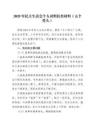 2025年民主生活会个人对照检查材料（五个带头）20260224