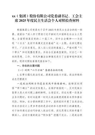 XX（集团）股份有限公司党委副书记、工会主席2025年度民主生活会个人对照检查材料20260206