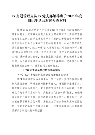 XX交通管理支队党支部领导班子2025年度组织生活会对照检查材料20260302