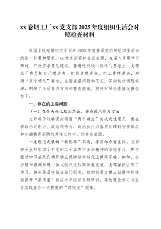 XX卷烟工厂党支部2025年度组织生活会对照检查材料20260226