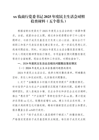 XX农商行党委书记2025年度民主生活会对照检查材料（五个带头）20260211