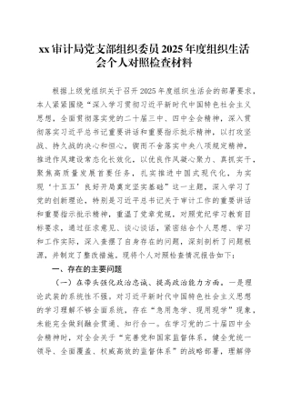 XX审计局党支部组织委员2025年度组织生活会个人对照检查材料20260302