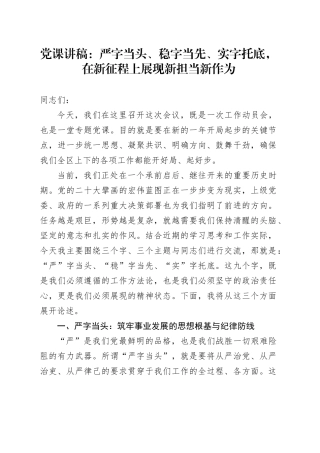 党课讲稿：严字当头、稳字当先、实字托底，在新征程上展现新担当新作为