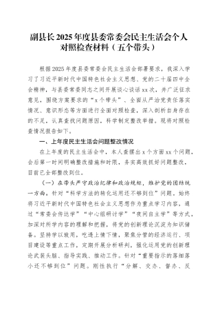 副县长2025年度县委常委会民主生活会个人对照检查材料（五个带头）20260206