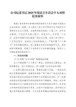 公司纪委书记2025年度民主生活会个人对照检查材料20260211