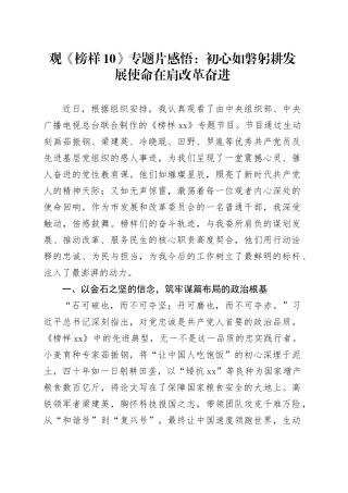 观《榜样10》专题片感悟：初心如磐躬耕发展  使命在肩改革奋进
