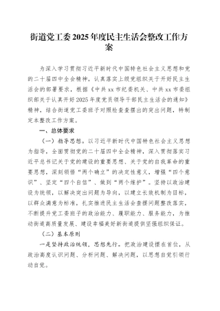 街道党工委2025年度民主生活会整改工作方案20260226