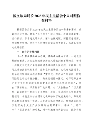 区文旅局局长2025年民主生活会个人对照检查材料20260211