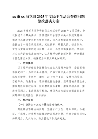 市XX局党组2025年度民主生活会查摆问题整改落实方案20260302
