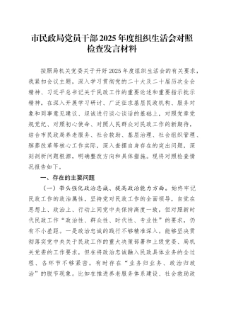 市民政局党员干部2025年度组织生活会对照检查发言材料20260211