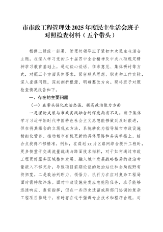 市市政工程管理处2025年度民主生活会班子对照检查材料（五个带头）20260224