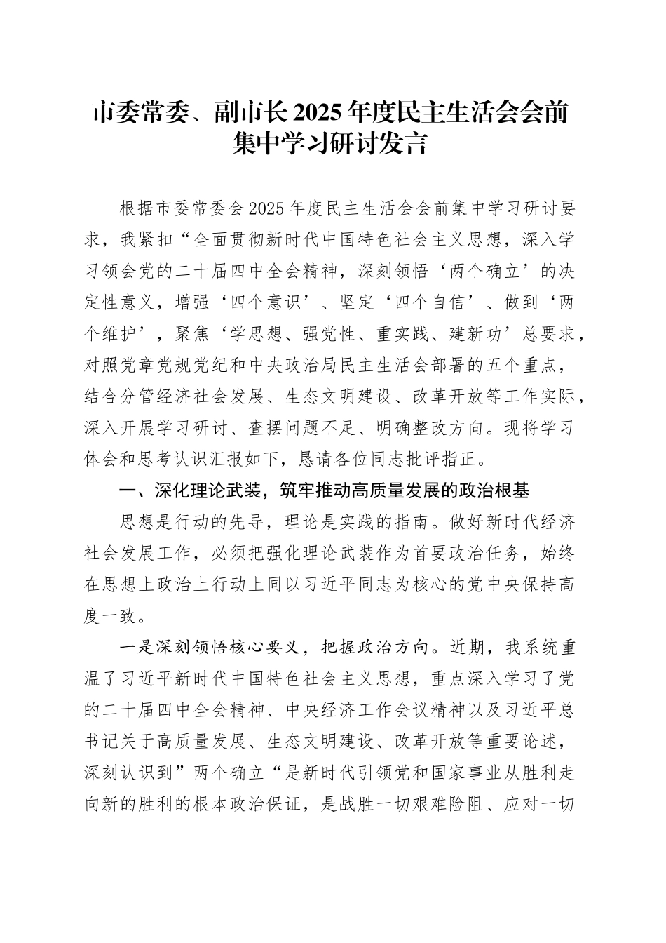 市委常委、副市长2025年度民主生活会会前集中学习研讨发言20260224_第1页