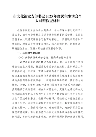 市文化馆党支部书记2025年度民主生活会个人对照检查材料20260224