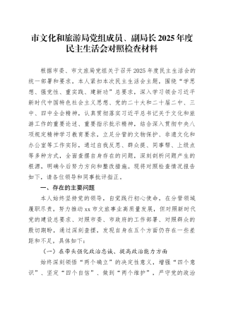 市文化和旅游局党组成员、副局长2025年度民主生活会对照检查材料20260211