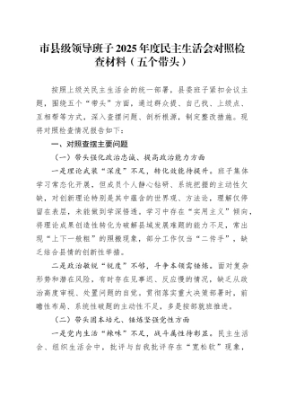 市县级领导班子2025年度民主生活会对照检查材料（五个带头）20260224