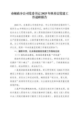 市邮政分公司党委书记2025年抓基层党建工作述职报告