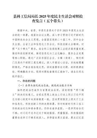 县科工信局局长2025年度民主生活会对照检查发言（五个带头）20260206