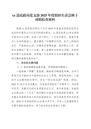 县民政局党支部2025年度组织生活会班子对照检查材料20260211