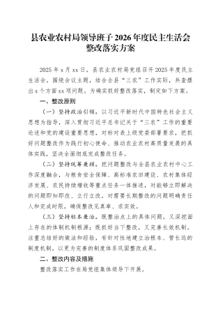 县农业农村局领导班子2026年度民主生活会整改落实方案20260302