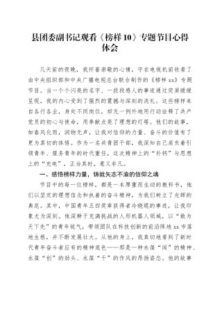 县团委副书记观看《榜样10》专题节目心得体会