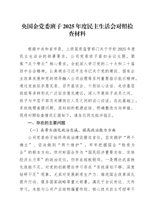 央国企党委班子2025年度民主生活会对照检查材料20260206