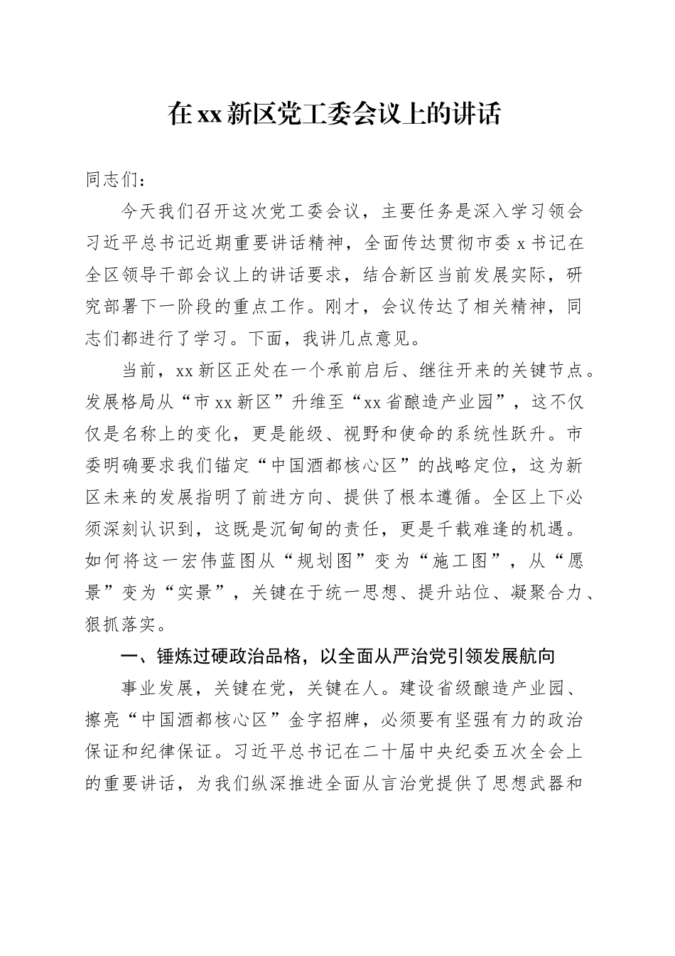 在XX新区党工委会议上的讲话_第1页