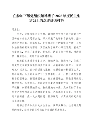 在参加下级党组织领导班子2025年度民主生活会上的点评讲话材料20260211