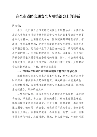 在全市道路交通安全专项整治会上的讲话