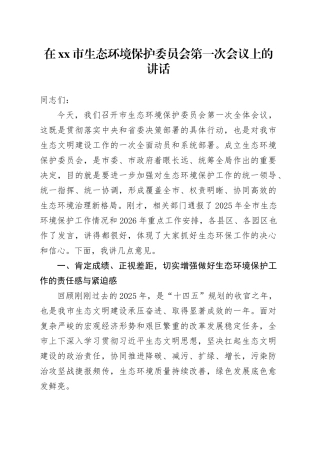 在市生态环境保护委员会第一次会议上的讲话