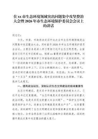 在市生态环境领域突出问题集中攻坚整治大会暨2026年市生态环境保护委员会会议上的讲话